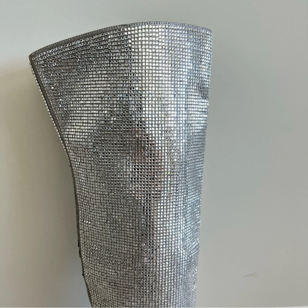 STEVE MADDEN Skyscraper Rhinestone Bling Silver Over The Knee Heels Boots Sz 6.5